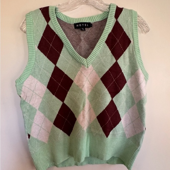 Motel Rocks Green and Brown Argyle V-Neck Sweater Vest XS - Picture 1 of 4